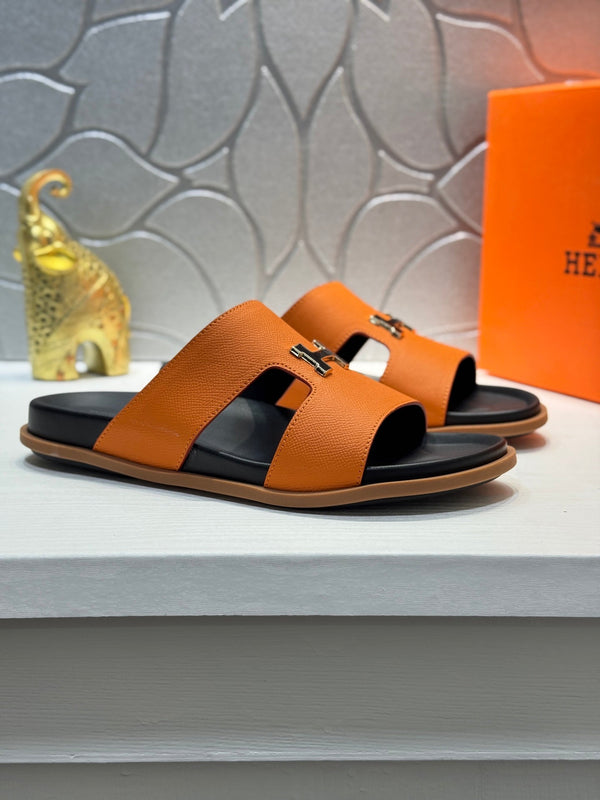 HM Oran H Black Gold Buckle Slippers in Orange  Cowhide 735253