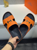 HM Oran H Black Gold Buckle Slippers in Orange  Cowhide 735253