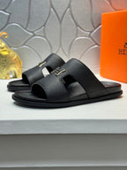 HM Oran H Black Gold Buckle Slippers in Black  Cowhide 735254