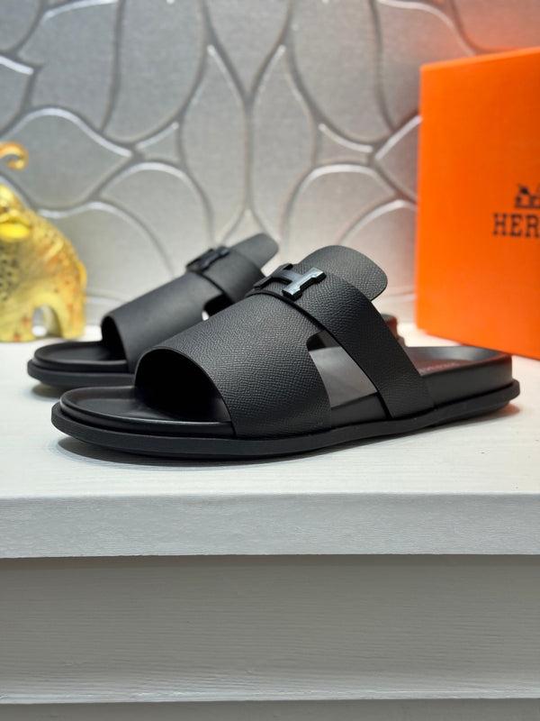 HM Oran H Noir Buckle Slippers in Black  Cowhide 735255
