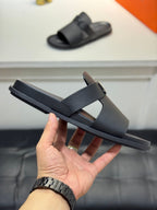 HM Oran H Noir Buckle Slippers in Black  Cowhide 735255