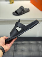 HM Oran H Noir Buckle Slippers in Black  Cowhide 735255