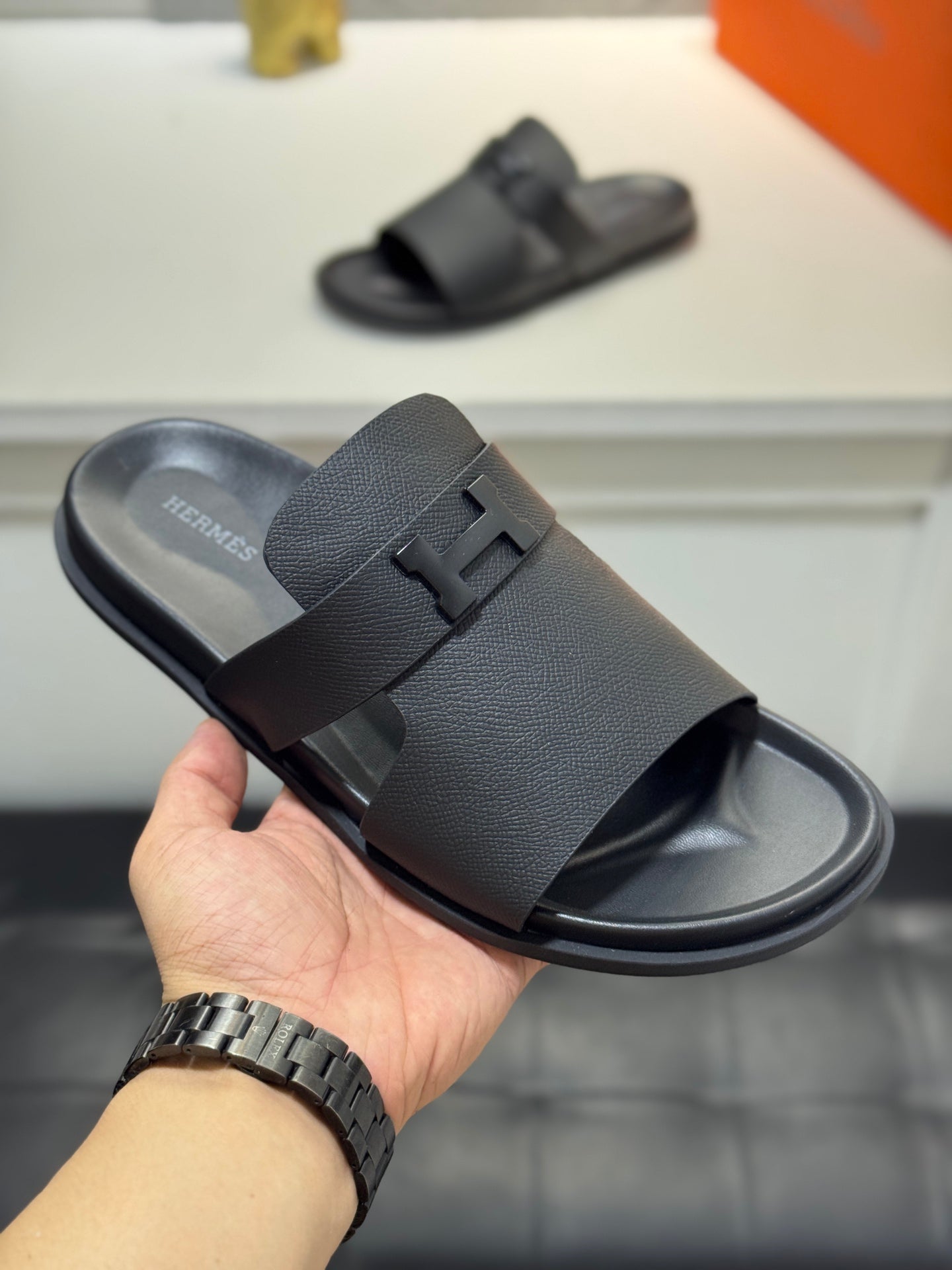 HM Oran H Noir Buckle Slippers in Black  Cowhide 735255