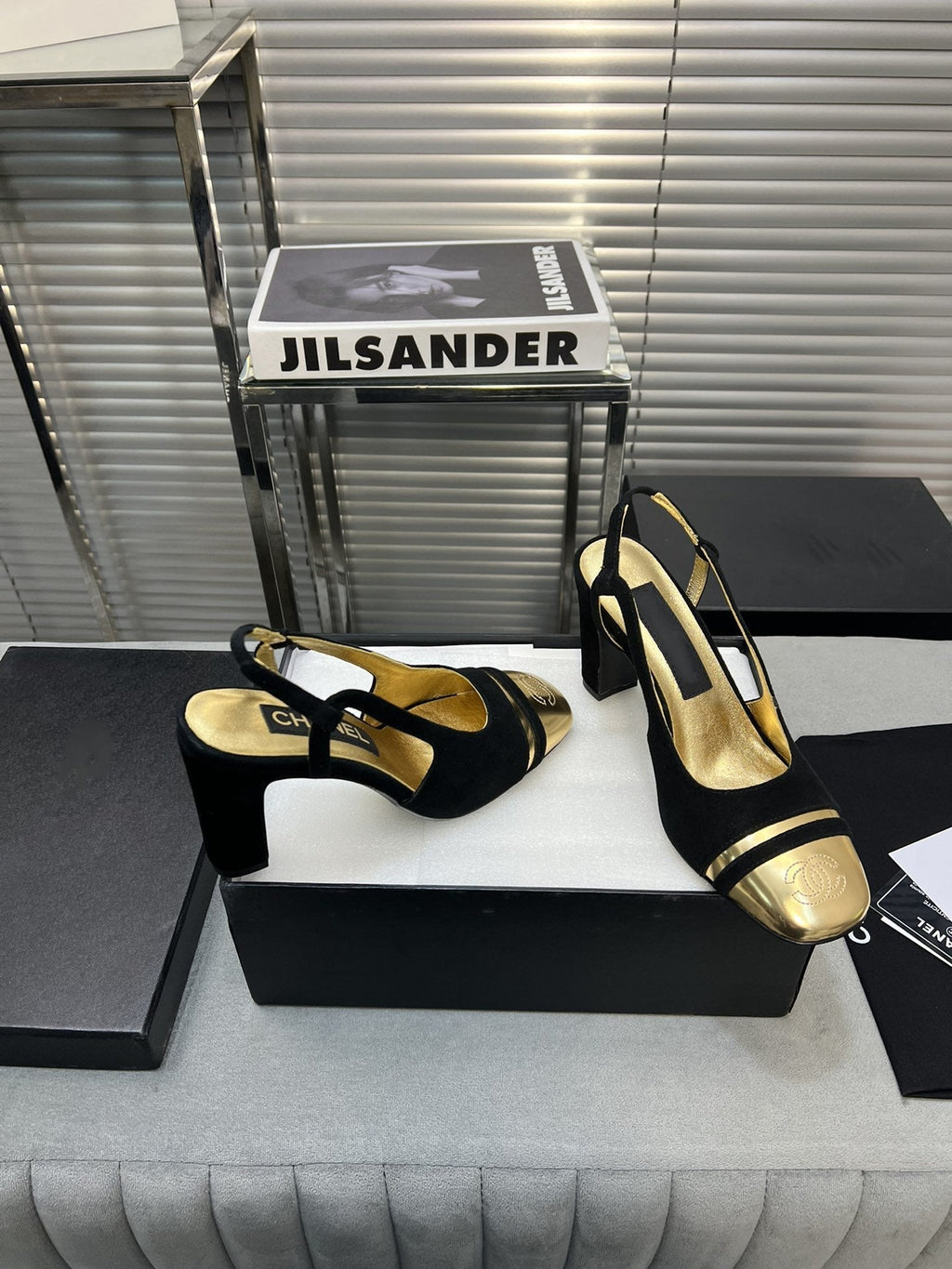 slingback black suede gold metalic lambskin square toe 9.5