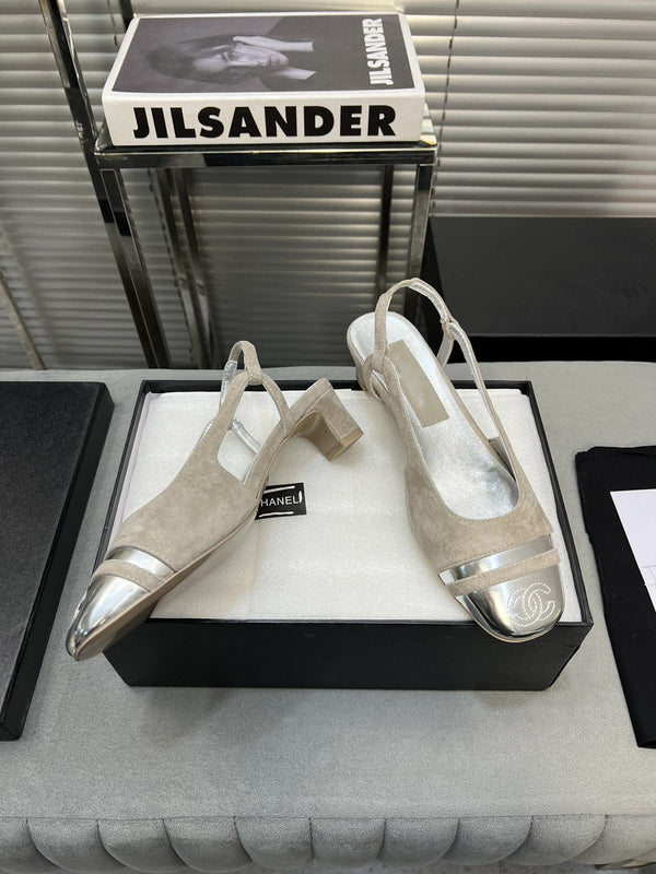 slingback light beige suede silver metalic lambskin square toe 5.0