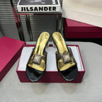 Heeled Sandals 6cm with Crystal Square Buckle Gold and Black
