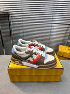 FENDI MATCH LOW TOPS IN COFFEE BROWN MIX WHITE CALFSKIN AND MESH