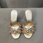 mule sandal 80 gold metalic calfskin flower