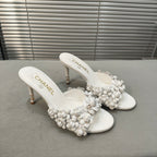 mule sandal 80 white calfskin flower