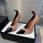 ALAIA HIGH PUMPS 10CM IN ALMOND BEIGE SUEDE MIX BLACK CALFSKIN