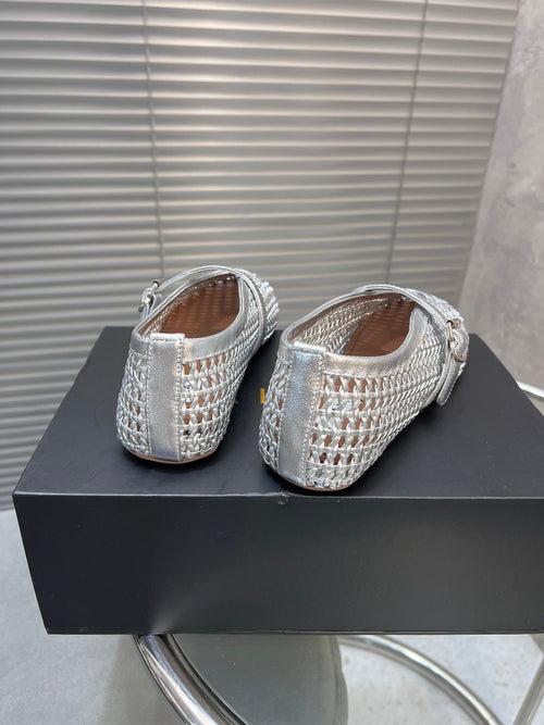 Alaia Braided Hollow Ballet Flats Silver Cowhide 300042
