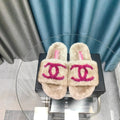 CC Slippers Beige Pink Text Fleece Wool
