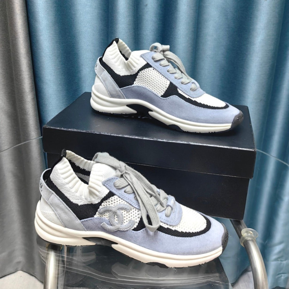 CC Sneaker White Light Blue Suede And Polyester Mesh Fabric