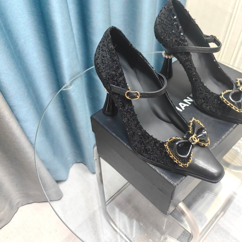 CC High Mary Janes Black Beaded Fabric And Lambskin