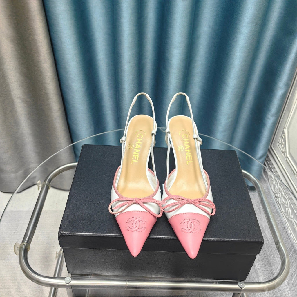 Slingback 50 White Calfskin Pink Satin Pointed Toe