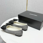 CC 25 Bow Ballet Flats Black White Canvas Striped Pattern And Grosgrain 368809