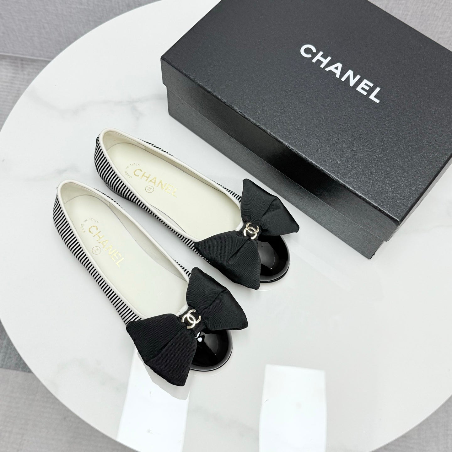 CC 25 Bow Ballet Flats Black White Canvas Striped Pattern And Grosgrain 368809