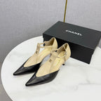 CC T-Strap Kitten Heels Beige Black Sheepskin 619975