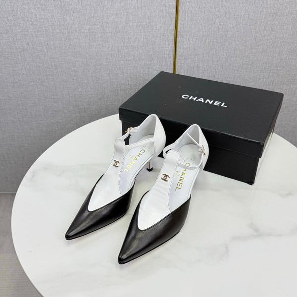 CC T-Strap Kitten Heels White Black Sheepskin 619976