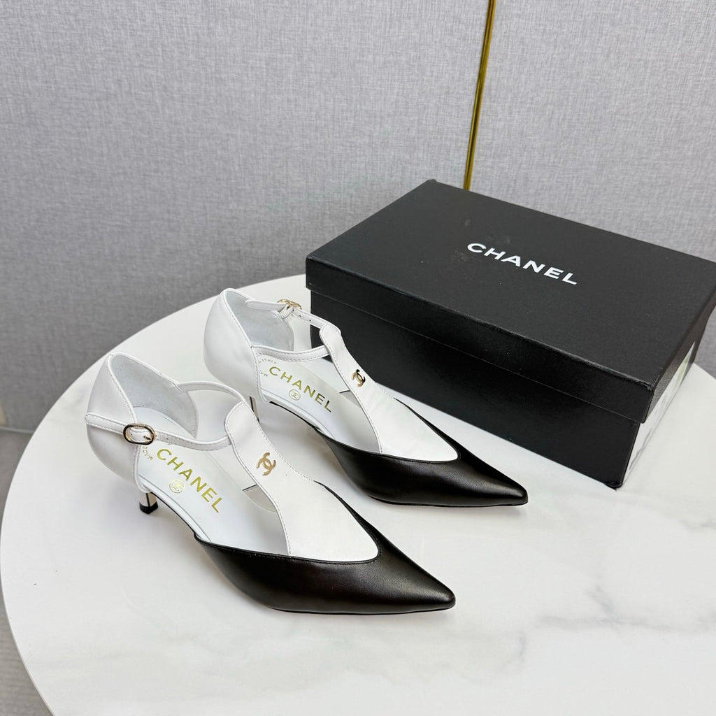 CC T-Strap Kitten Heels White Black Sheepskin 619976