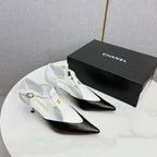 CC T-Strap Kitten Heels White Black Sheepskin 619976