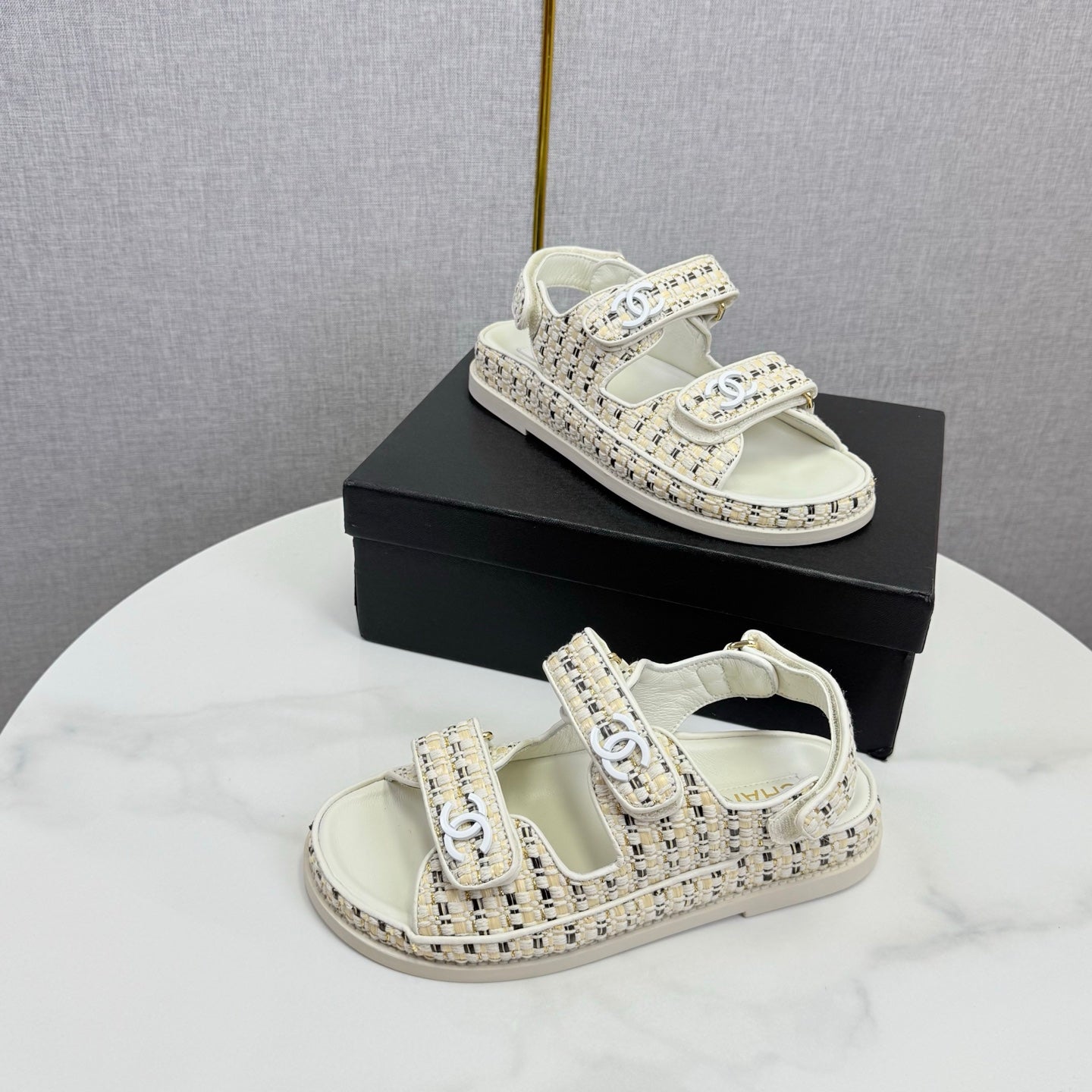 CC Dad Sandal Ivory Black Tweed Sheepskin 620124