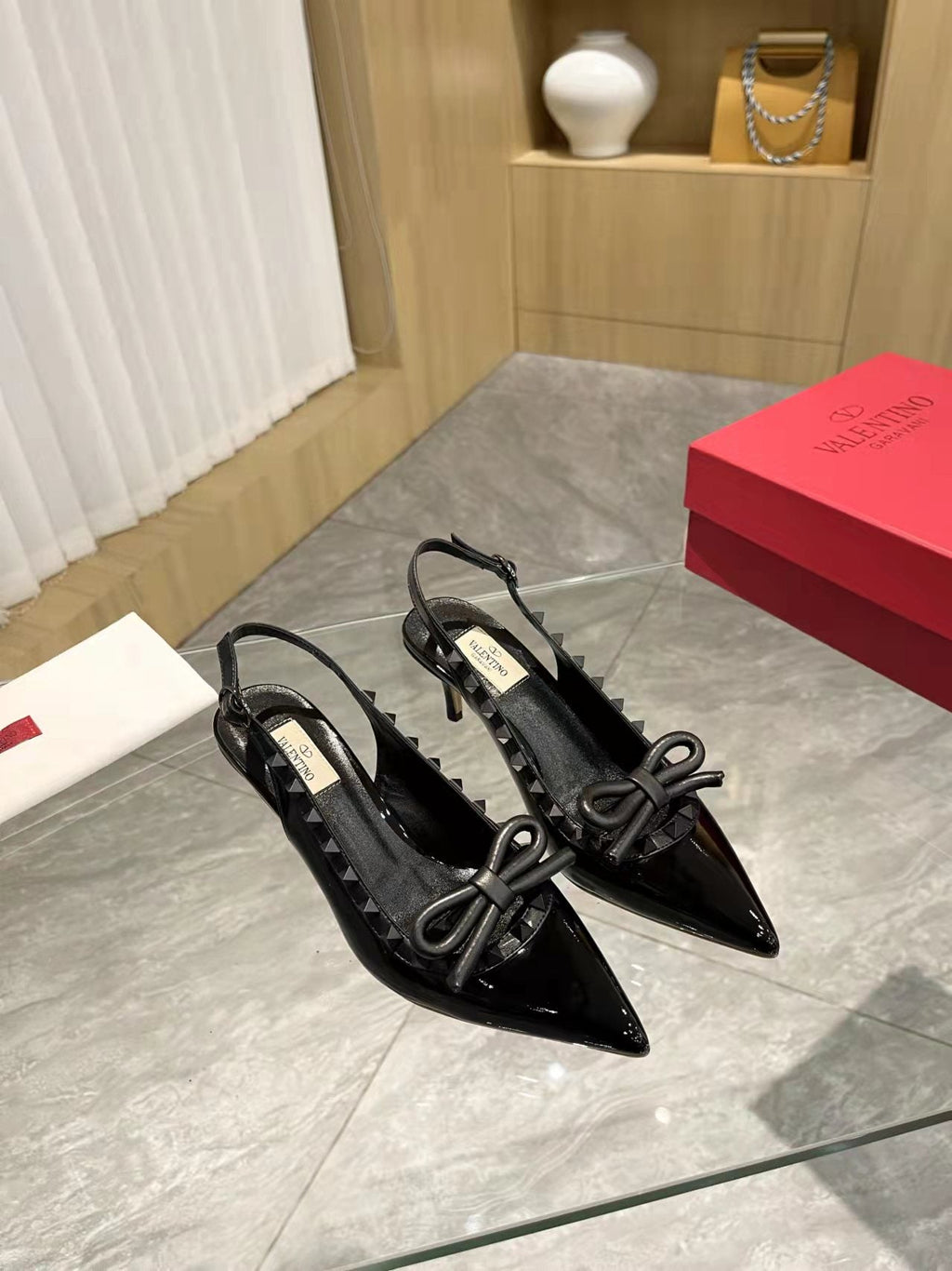 Valentino Rockstud Bow Slingback Pumps 65mm Patent Leather