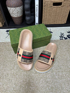 GG Men's Web Slide Beige Canvas Cowhide 595537