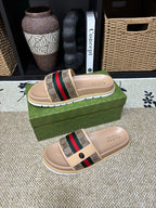 GG Men's Web Slide Beige Canvas Cowhide 595537