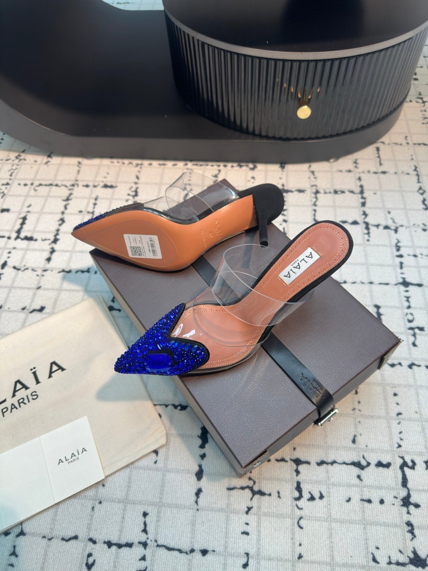 Alaia Heart With Crystals 90mm Heels Mules Dark Blue Sheepskin 800948
