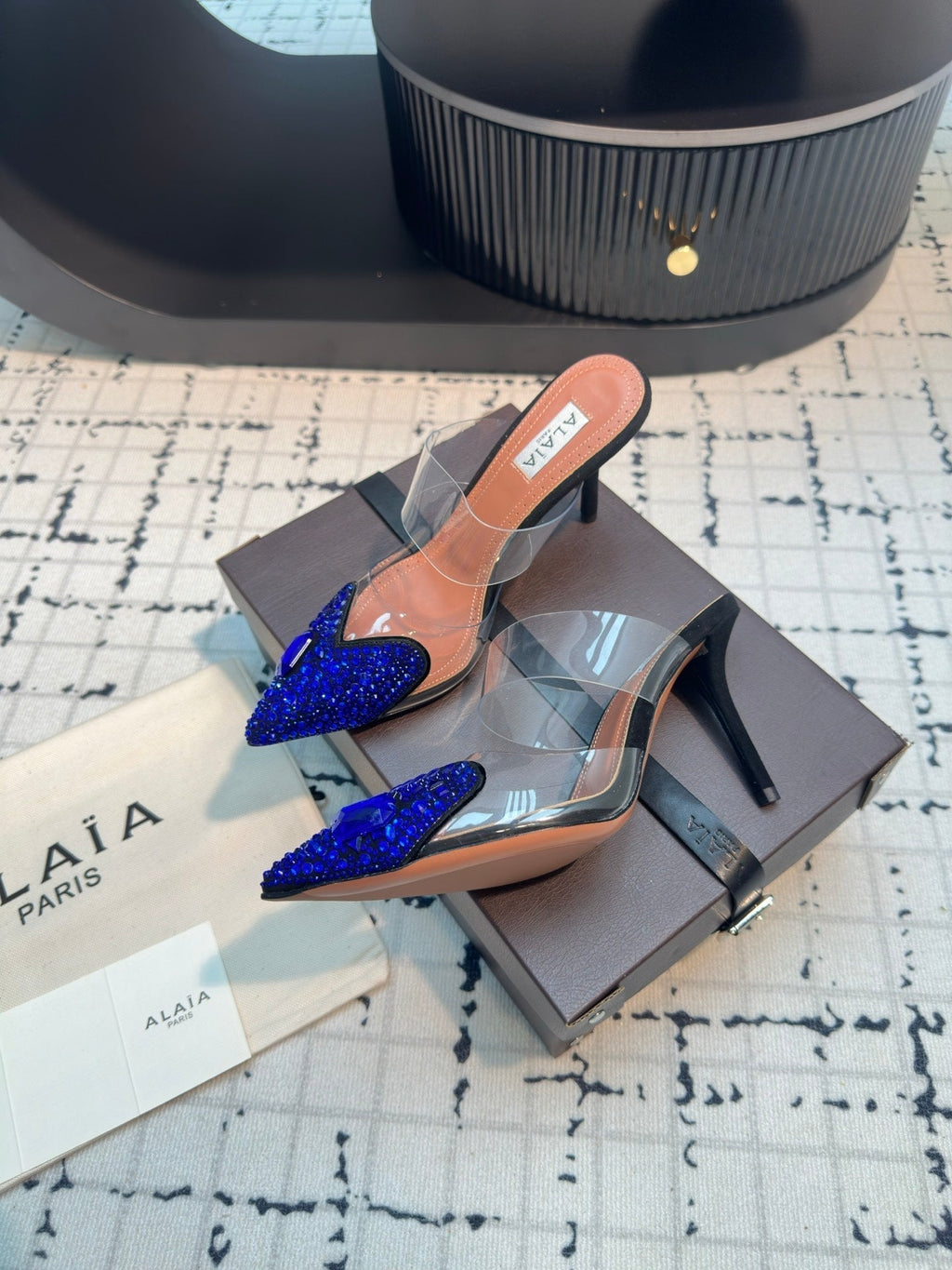 Alaia Heart With Crystals 90mm Heels Mules Dark Blue Sheepskin 800948
