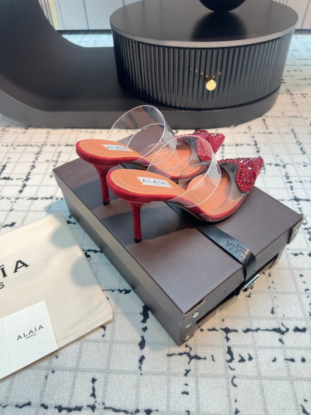 Alaia Heart With Crystals 90mm Heels Mules Red Sheepskin 800949