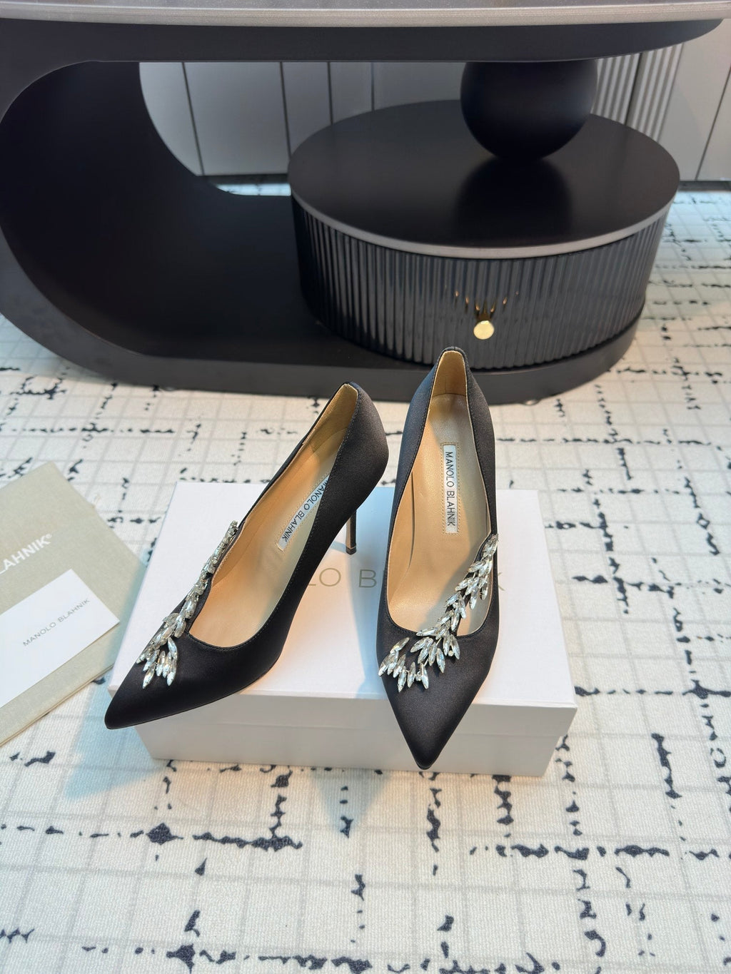 Lurum 90 Black Satin Crystal Embellished Pumps 868667