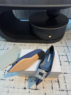 Hangisi 10mm Ballet Flat Dark Blue Linen with Black Leather Jewel Buckle 161059