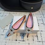 Hangisi 10mm Ballet Flat Pink Linen with Black Leather Jewel Buckle 161060
