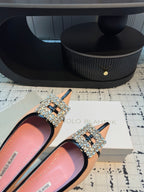 Hangisi 10mm Ballet Flat Pink Linen with Black Leather Jewel Buckle 161060