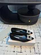 Hangisi 10mm Ballet Flat Black Linen and Leather Jewel Buckle 161063