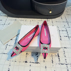Hangisi 10mm Ballet Flat Dark Pink Linen with Black Leather Jewel Buckle 161065