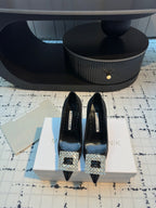 Hangisi 100 Black Linen and Leather Jewel Buckle Pumps 161067