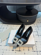 Hangisi 100 Black Linen and Leather Jewel Buckle Pumps 161067