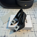 Hangisi 100 Black Linen and Leather Jewel Buckle Pumps 161067