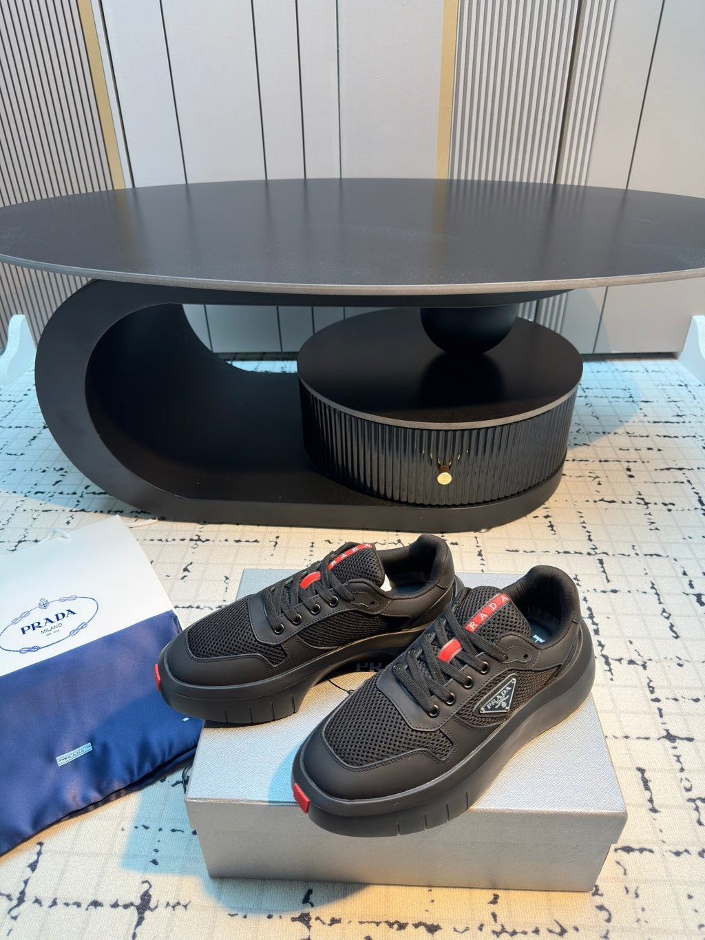 Prada 25s Platform Sneakers Black Cowhide 538424