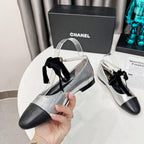 CC Mary Jane White Black Studded With Pearls Lambskin And Cowhide