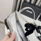 CC Mary Jane White Black Studded With Pearls Lambskin And Cowhide