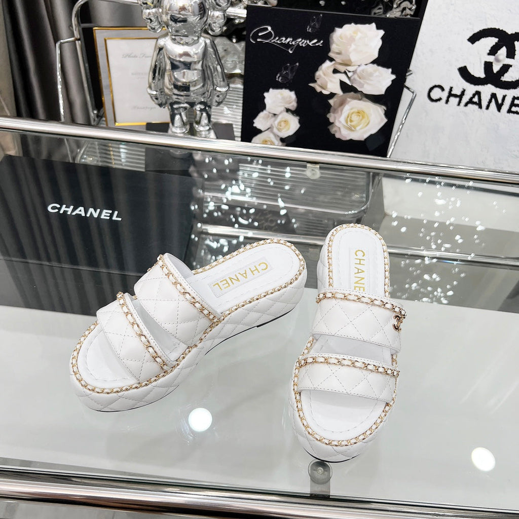 CC 25 Slide Leather Chain 6cm White Lambskin 338659