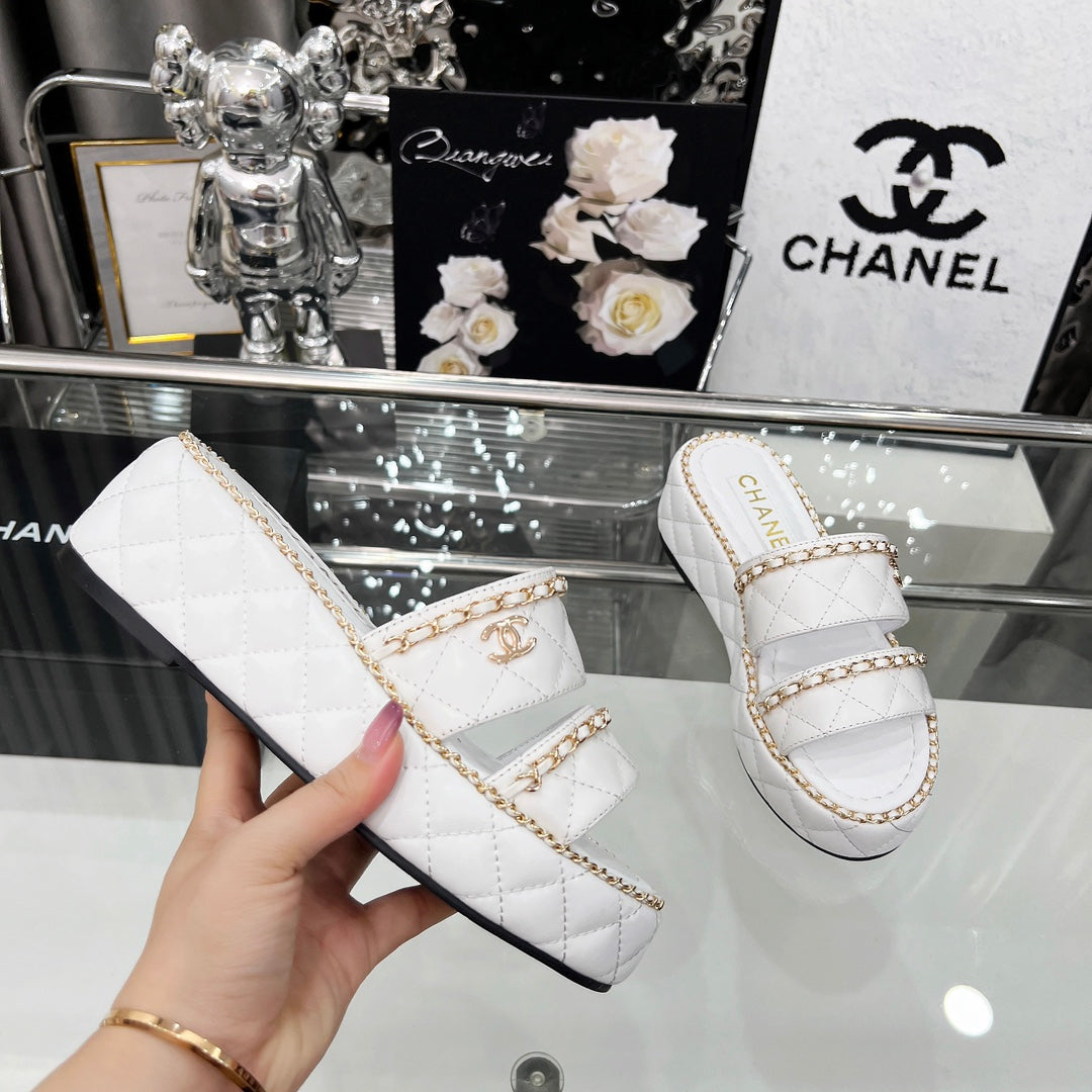 CC 25 Slide Leather Chain 6cm White Lambskin 338659