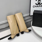 CC 25 High Boots With Chain 55mm Beige Cowhide Black Grosgrain 374025