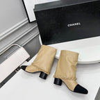 CC 25 Short Boots With Chain 55mm Beige Cowhide Black Grosgrain 374027