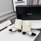 CC 25 Short Boots With Chain 55mm White Cowhide Black Grosgrain 374028