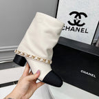 CC 25 Short Boots With Chain 55mm White Cowhide Black Grosgrain 374028